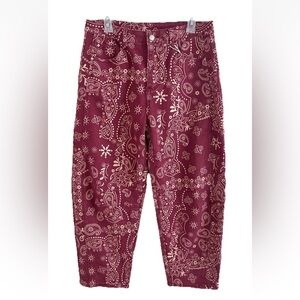 Red Bandana Paisley Printed Wide Leg Barrel Jeans Size Large
